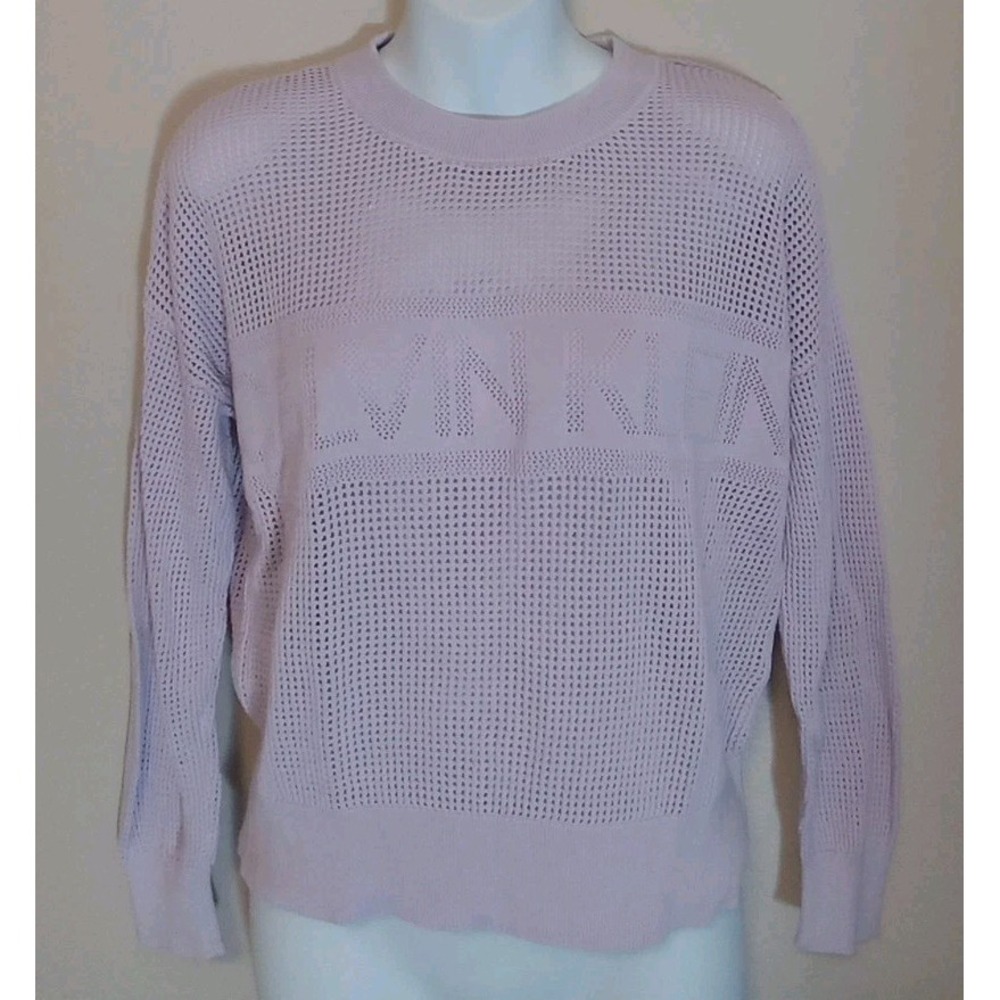 Calvin Klein Women Lavender Crochet Cutout 3/4‎ Sleeve Short Logo Top Size S